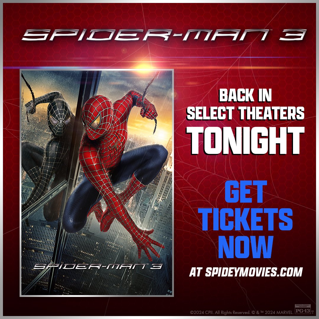 Three times the action. Three times the thrills. #SpiderMan 3 is BACK in select theaters beginning tonight for a limited time. Get tickets: spideymovies.com