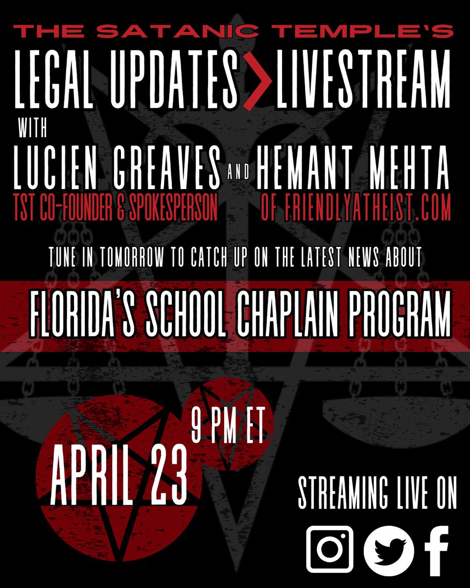 Join TST co-founder Lucien Greaves and special guest Hemant Mehta of FriendlyAtheist.com to catch up on the latest news about Florida's school chaplain program. Tune in to TST's FB, Insta, or Twitter tomorrow, April 23rd, at 9 PM ET to catch the live stream! @hemantmehta