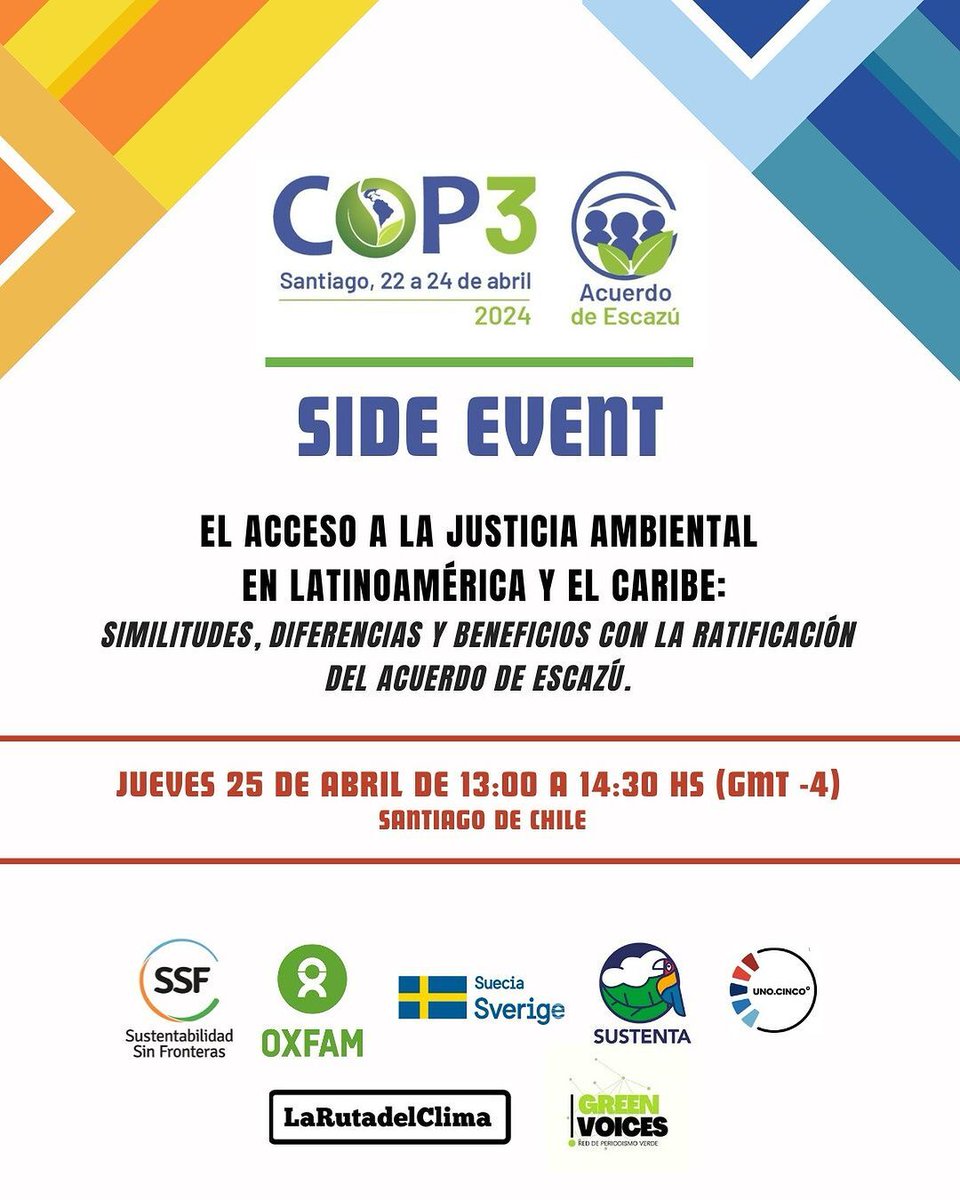 EVENT OFICIAL COP 3 ACUERDO DE ESCAZÚ ✍🏽Inscripción oxf.am/3UpKVtZ ✉️Dirigido a todas las personas interesadas en el #AcuerdodeEscazú y el acceso a la justicia ambiental en América Latina 👪 📅 Jueves 25 de abril de 2024 ⏱️13:00-14:30 hrs de Santiago, Chile GMT -4