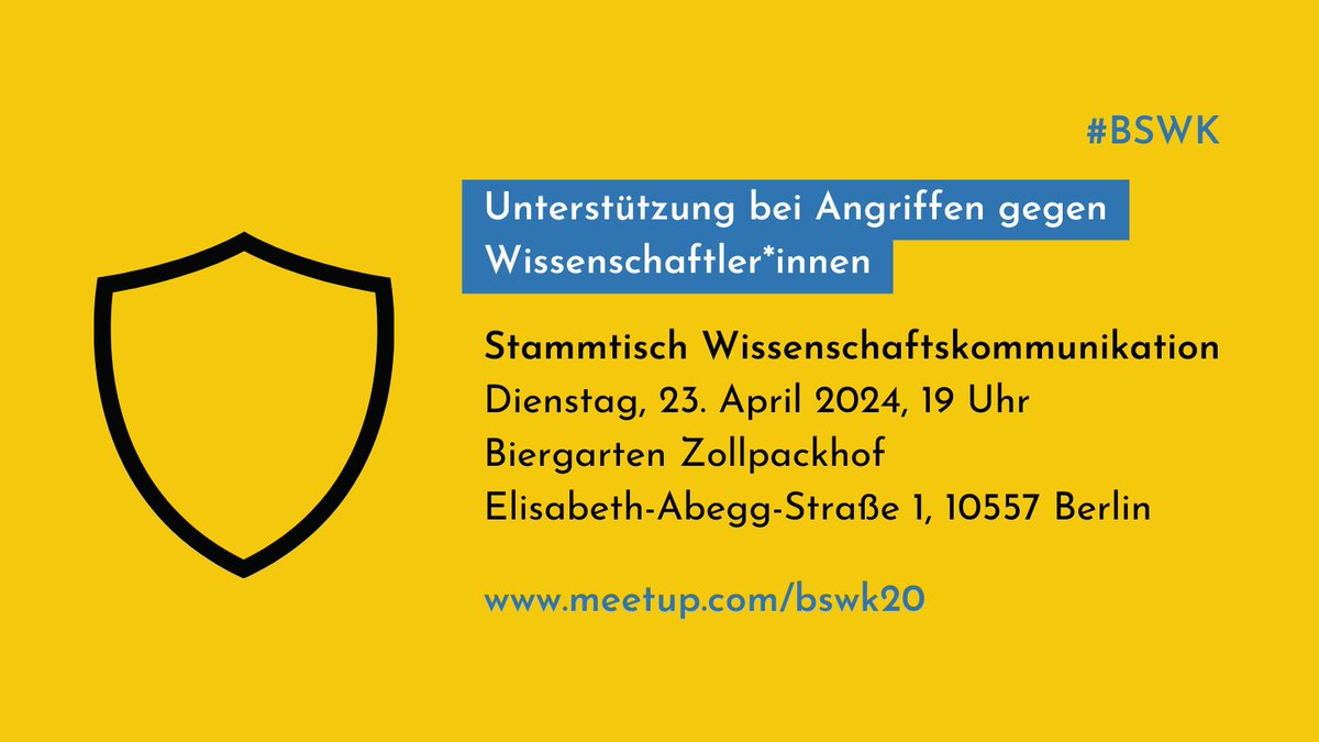 Endlich wieder #BSWK! Am 23.04. sprechen wir mit Kristin Küter @wissimdialog über Unterstützungsangebote bei Angriffen gegen Wissenschaftler*innen. 19 Uhr, Zollpackhof, Innenbereich. Anmeldung: meetup.com/bswk20/events/…