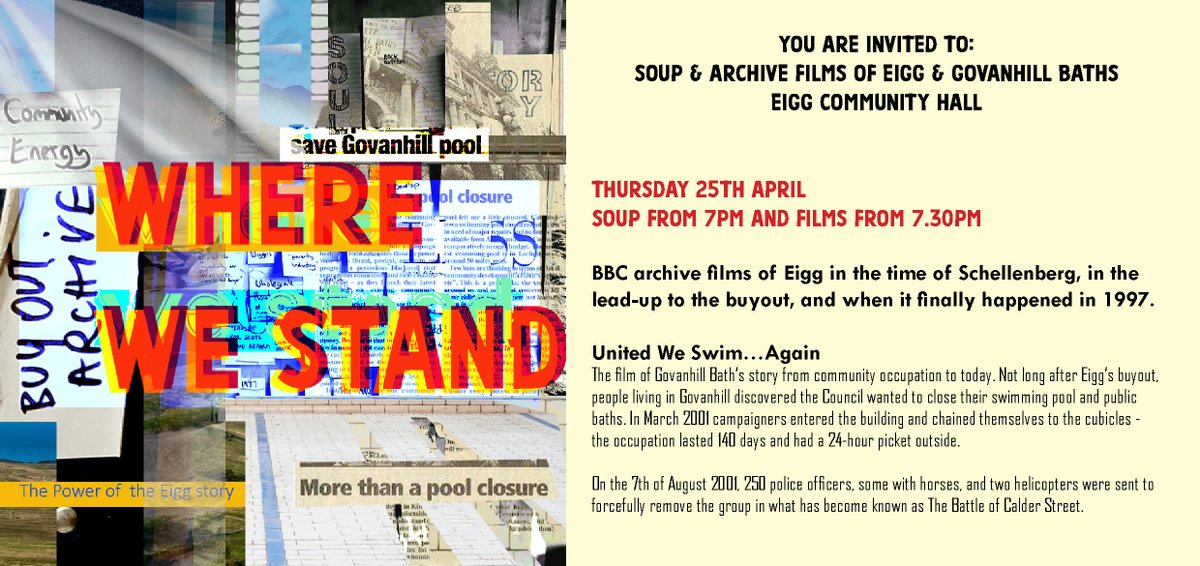 As part of @CommunityLandSc 100 Years of Community Ownership @RumpusX is working on an art project linking Eigg's community buyout story with the @GovanhillBaths occupation & setting up of Govanhill Baths Community Trust. Starting with shared soup & films on Thursday! #archives