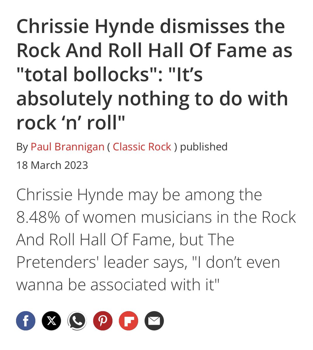 Lots of music fans upset about certain artists not being inducted to the Rock and Roll Hall of Fame. Here’s Chrissie Hynde from last year, being correct, as always.