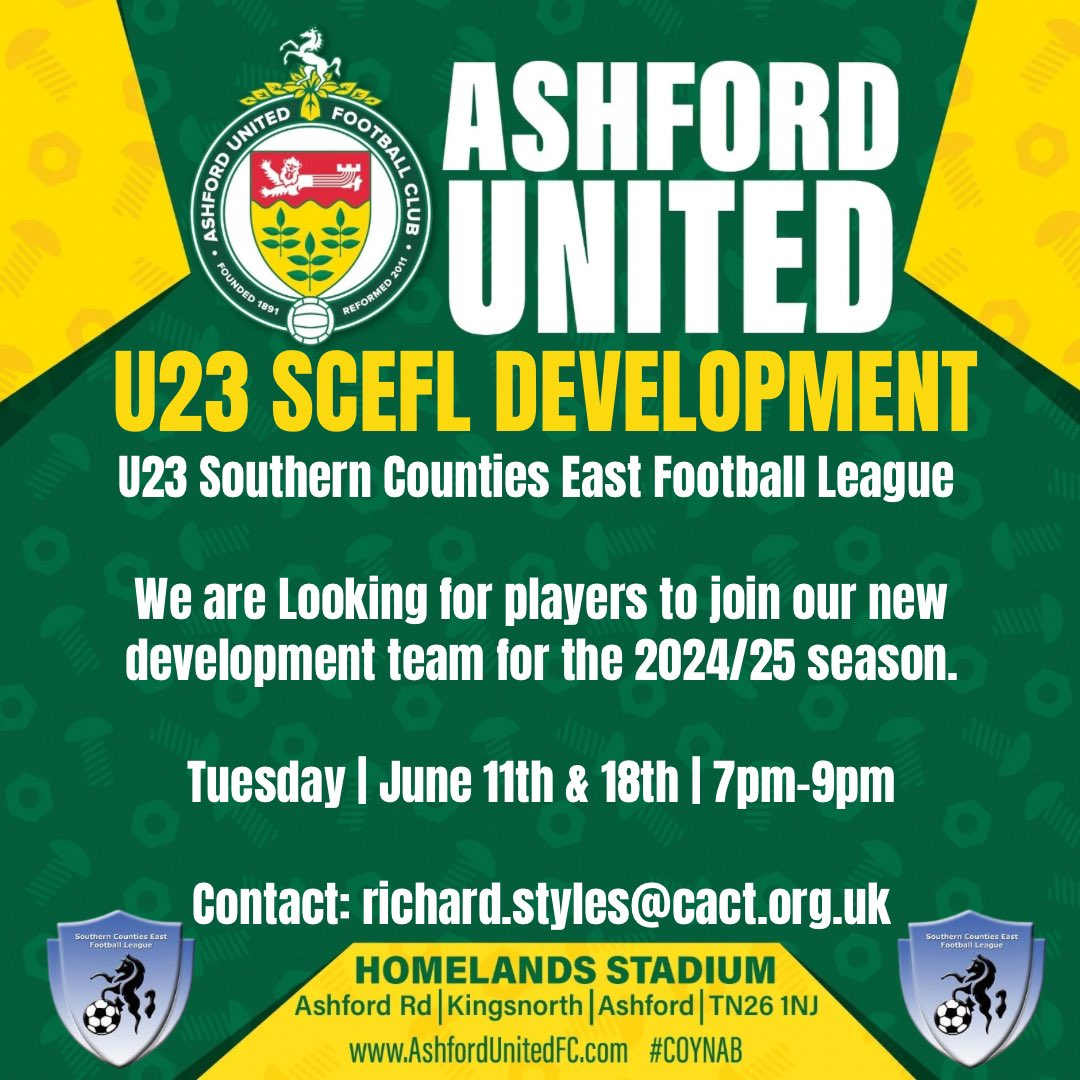 Ashford Utd U23 @SCEFLeague Ashford Utd’s newly announced U23 development team are looking for players to join them. The final step to 1st team football 💚🤍🔩 Trials 🏟️ - Homelands Stadium 🗓️ - Wed| June 11th & 18th 🕖 - 7pm to 9pm #AUFC #coynab #SCEFL #footballdevelopment