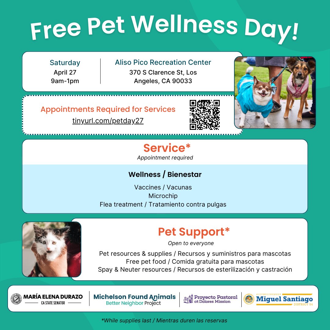 Our next Pet Wellness Day is on 4/27 with @SenMariaEDurazo & @MSantiagoAD54! The Pet Food Pantry is open to the public with no appointment needed; however, appointments are required for wellness services. Sign up here: tinyurl.com/petday27.