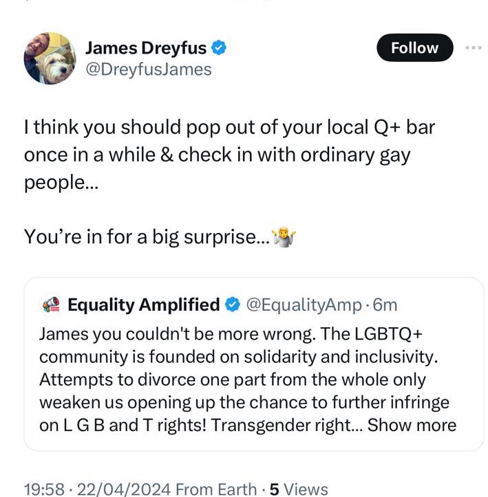 It’s obvious James hasn’t been to many gay spaces recently. If it had, he’d realise that trans men are very much welcome in them. As they always have been, and always will be.