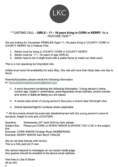 JohnGHealy's tweet photo. Young female actors in West Cork ... @louisekiely is casting for a feature film in early May! #Westcork #FilminCork @FastnetFilmFest https://t.co/rZ03jmwgGv
