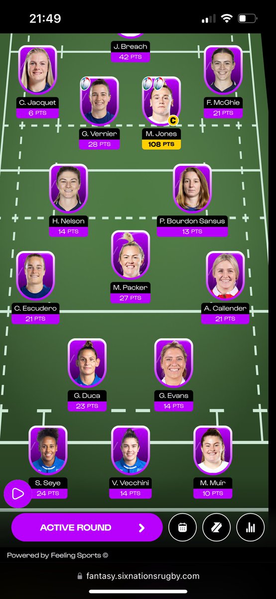 Recapping optimal teams from worst to best. Women’s Six Nations go first.

Round points: 398 (15382nd). Total points: 1468 (11661st). Captain (M. Jones): 108. Supersub (I. Locatelli): 12. Value: ⭐️243.3 (+1.2).

The model was on Kildunne train every week except this one, graaah!