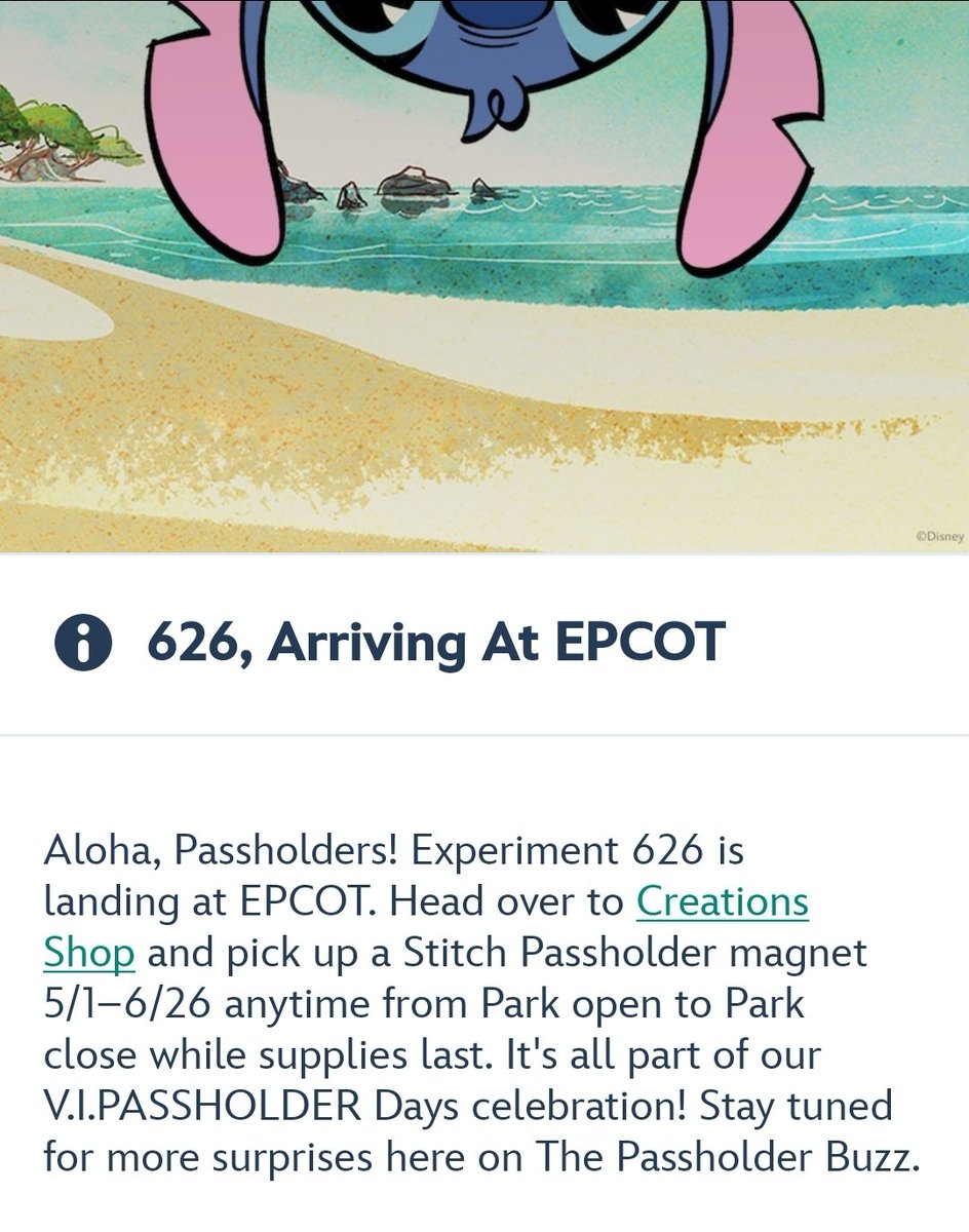 Disney World reveals the next annual passholder magnet will feature Stitch. It will be available to pick up at EPCOT from May 1 to June 26, from park open to park close.