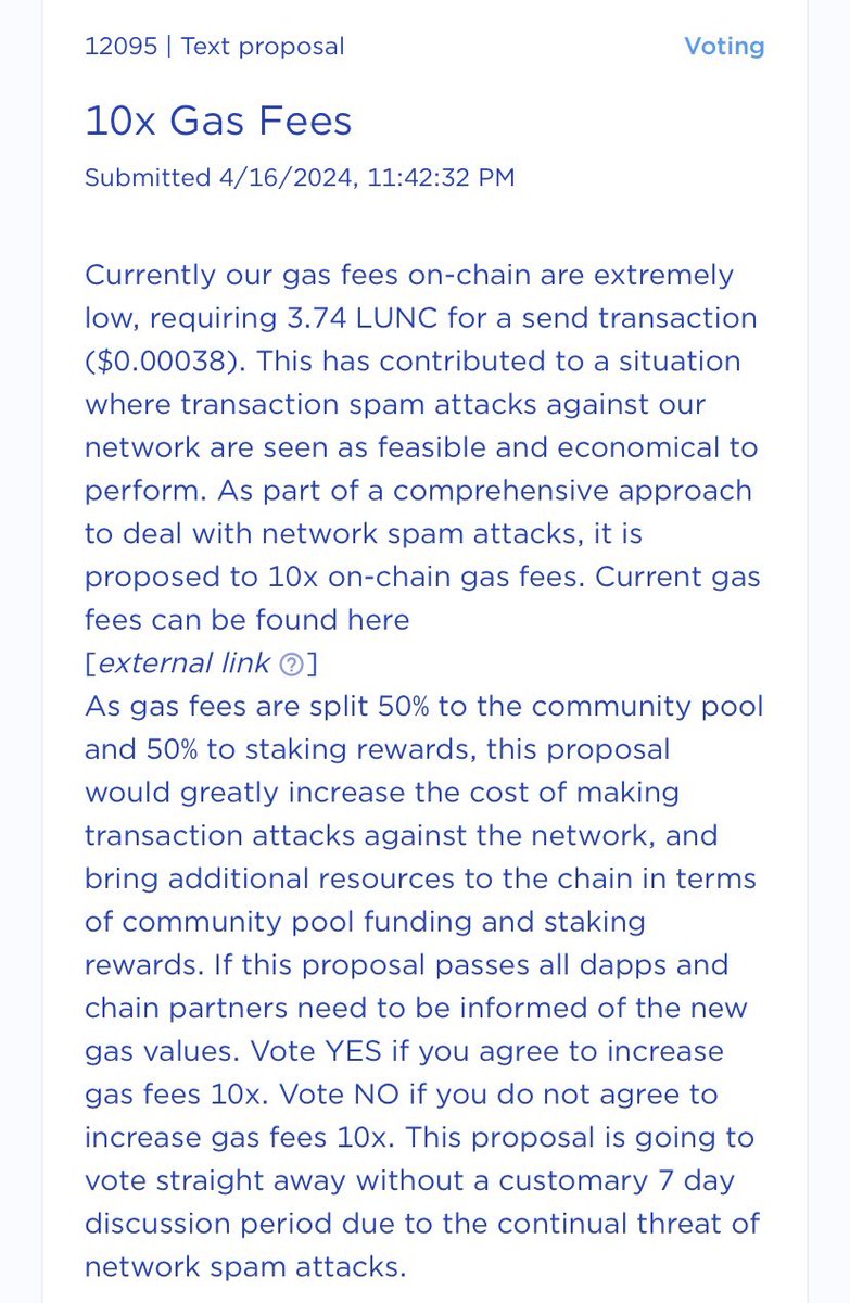 $LUNC proposal #12095 will kill Dapp creation on #LunaClassic and will only give the top validators more money in their pocket. We need to NO WITH VETO this garbage and also get rid of the dynamic commission. Was a good idea in the beginning but is now tainted. 💎🤲🏻 #Crypto