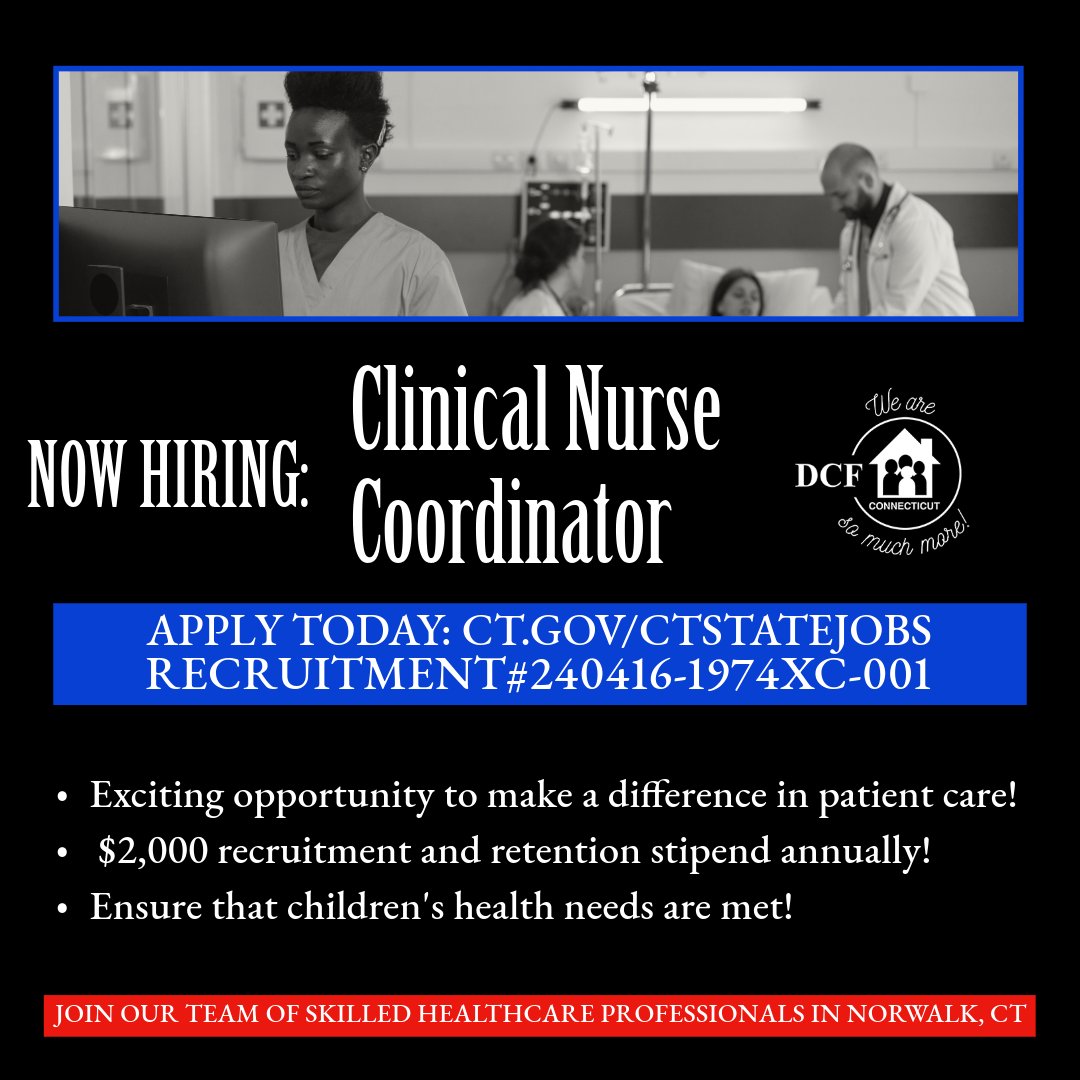 Passionate about pediatric healthcare? Join us at the @CTDCF as a Clinical Nurse Coordinator. Provide vital care, enjoy competitive benefits, and make a difference in the lives of vulnerable children. Apply now! tinyurl.com/240416-1974XC-… #PediatricCare #CTStateJobs