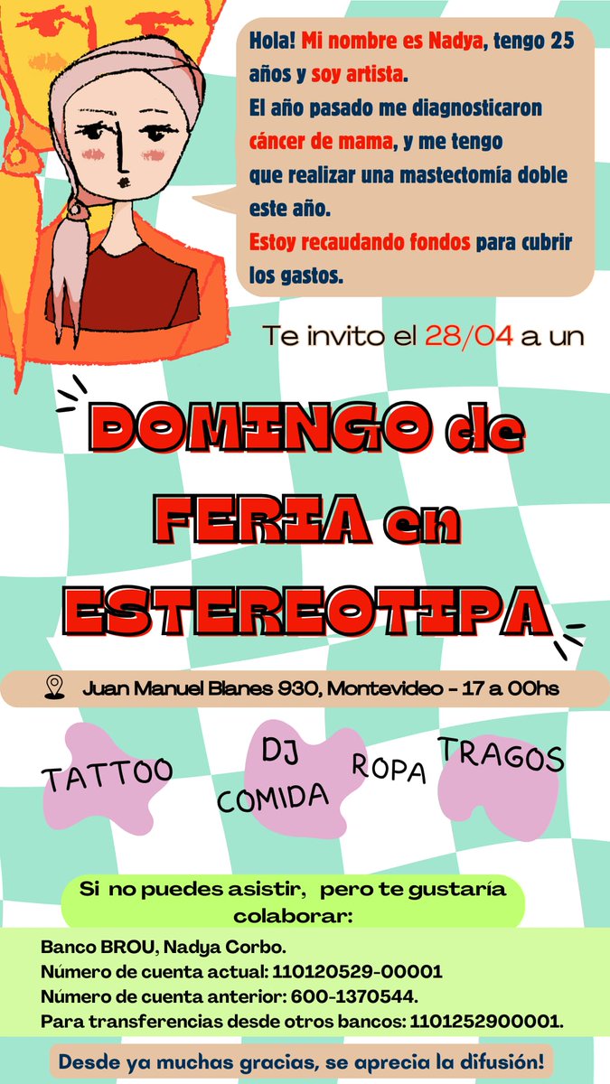 Paso nuevamente a pedirles que compartan el afiche
Nadya va a exponer en Montevideo esta vez
Como les conté, es la hermana de mi cuñado y el año pasado le diagnosticaron cáncer. 
Esta juntando fondos ya que le toca operarse en breve
Gracias nuevamente ❤