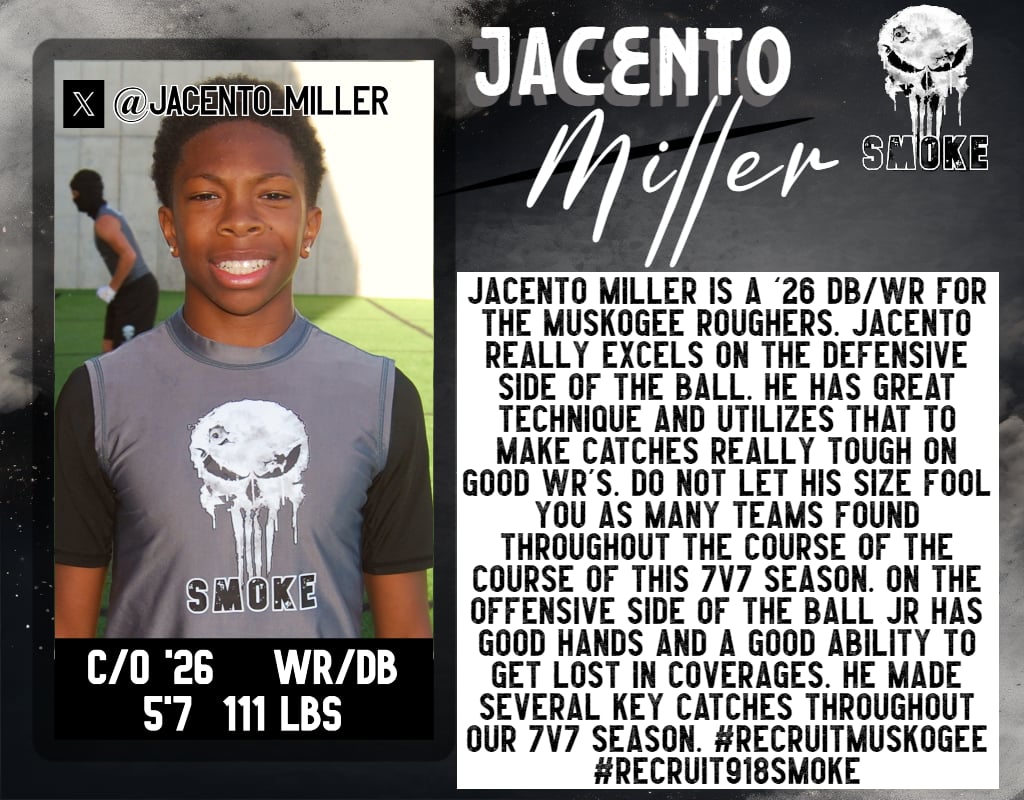 918 Smoke 7v7 (@918smoke7v7) on Twitter photo Let's go <a href="/jacento_miller/">Jacento Miller</a> ! Super proud of the season that you had! Truly a young student/athlete that works hard to perfect his craft. #Recruit918Smoke π¨π¨π¨π¨ Let's go <a href="/jacento_miller/">Jacento Miller</a> ! Super proud of the season that you had! Truly a young student/athlete that works hard to perfect his craft. #Recruit918Smoke π¨π¨π¨π¨