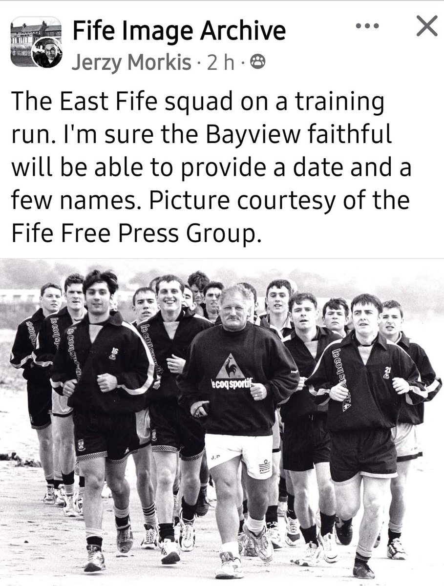 fife_football's tweet image. A grizzled-looking Jimmy Bone leads East Fife players on a training run in 1996-97 season