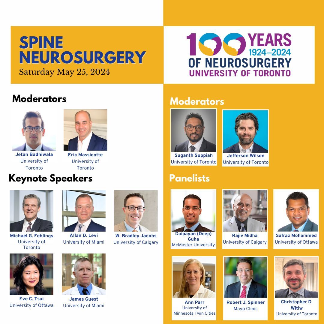 For the session on #SpineNeurosurgery as part of our 100th anniversary, we will be hosting a panel of esteemed speakers &amp; moderators including <a href="/AllanLeviMD/">Allan Levi, MD, PhD</a>, <a href="/DrDeepGuha/">Deep Guha, MD, PhD</a>, <a href="/RobSpinnerMD/">Robert Spinner, MD</a>, <a href="/cwitiw/">Christopher Witiw</a>, <a href="/DrFehlings/">Michael G. Fehlings</a>, <a href="/jetanbadhiwala/">Jetan H. Badhiwala</a>, <a href="/SuganthSuppiah/">suganth suppiah</a>. 

Register now! bit.ly/3UmQbic