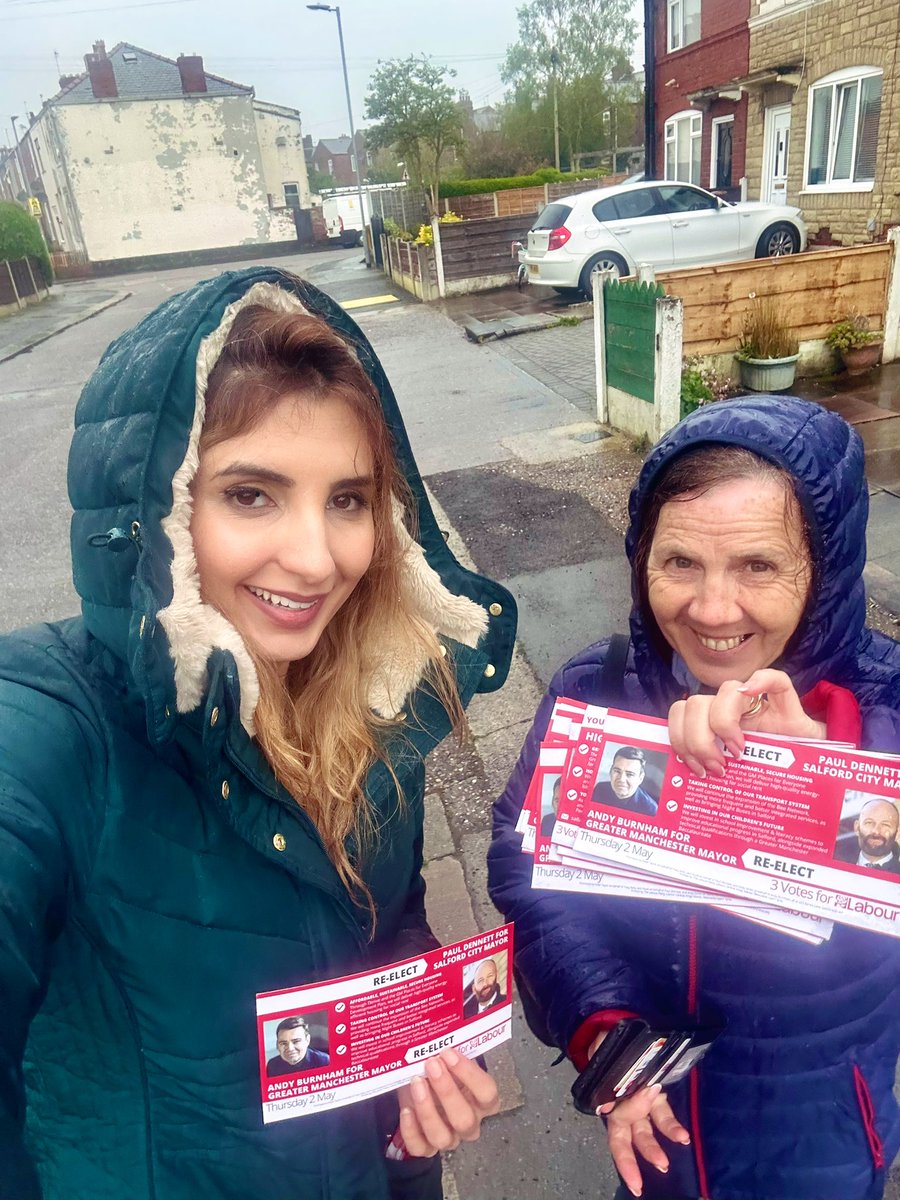 Rain didn’t stop us today, our brilliant candidate Cllr Tracy Kelly @TJKelly18 @CllrSaeed & team out & about speaking with residents, discussing issues. A strong response in favour of @SalfordLabour 🌹 Remember every vote counts ✅ Every voice matters ✅ Have your say on 2 May ✅