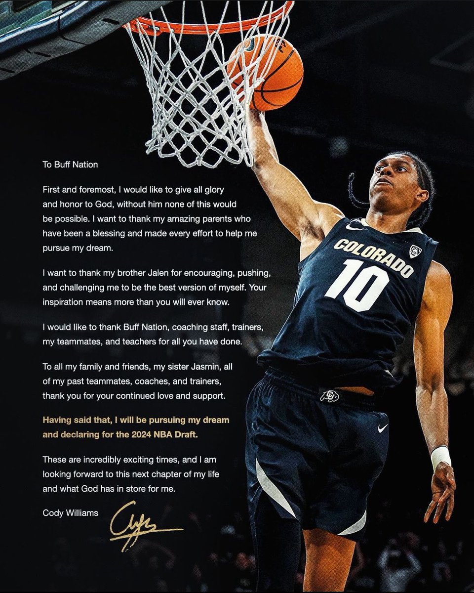 BREAKING: Cody Williams has officially declared for the NBA Draft, per @wojespn and his IG. 

He now becomes @CUBuffsMBB’s first-ever ‘one-and-done’ and is a projected lottery pick.

Go be great, @C_Will101124!!

#ForeverBuffs #SkoBuffs 🖤🦬💛