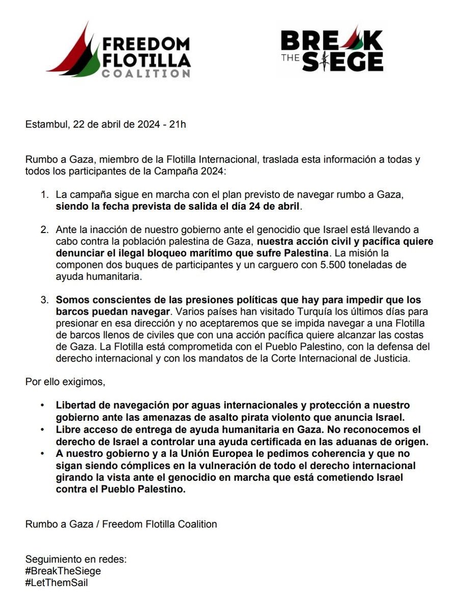 🚨Comunicado de @rumboagaza/@GazaFFlotilla desde Estambul. La campaña sigue en marcha pese a las fuertes presiones políticas y las amenazas militares para impedir la salida de la Flotilla de la Libertad con 5.500 toneladas de ayuda humanitaria.