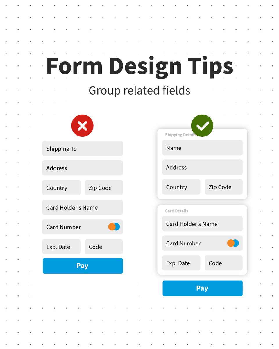 👉 Pro tip: Organize input fields into related sections to help users process information more efficiently.
 
Learn more at the complete guide to designing UI Forms! 
bit.ly/4aJSkKn

#uxdesign #UIDesign #UserInterface #InterfaceDesign #UIForm