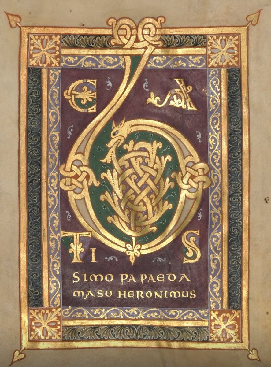 'Beatissimo Papae Damaso Hieronimus' (Beginning of a letter of St. Jerome) One can only admire the wonderful elegance of this Ottonian initial, produced for a gospel book around the year 1000. Manchester @TheJohnRylands Cod. 98, f. 1v
