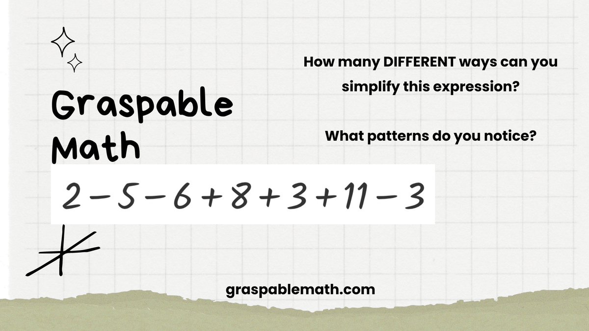 alicekeeler's tweet image. How many DIFFERENT ways can you simplify this expression?

Instead of just left to right, what are some OTHER ways to THINK about simplifying? 

#numberSense #MathChat