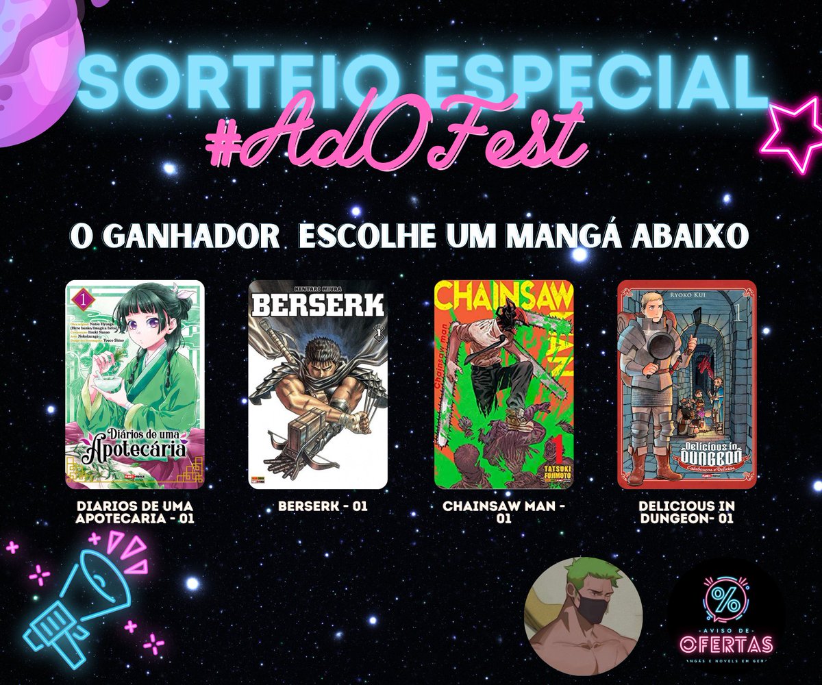 TIAUM's tweet photo. Mais um sorteio!

⚡️Sorteio Especial #AdOFest 

📷Regras:   

- Seguir: @AvisoDeOferta e @RoronoaTiaum
- Dar RT e Like    
- Comentar qual manga vai querer usando a tag #AdOFest 

Resultado: 18:00hrs (Hoje) https://t.co/hJX9F2pyWp