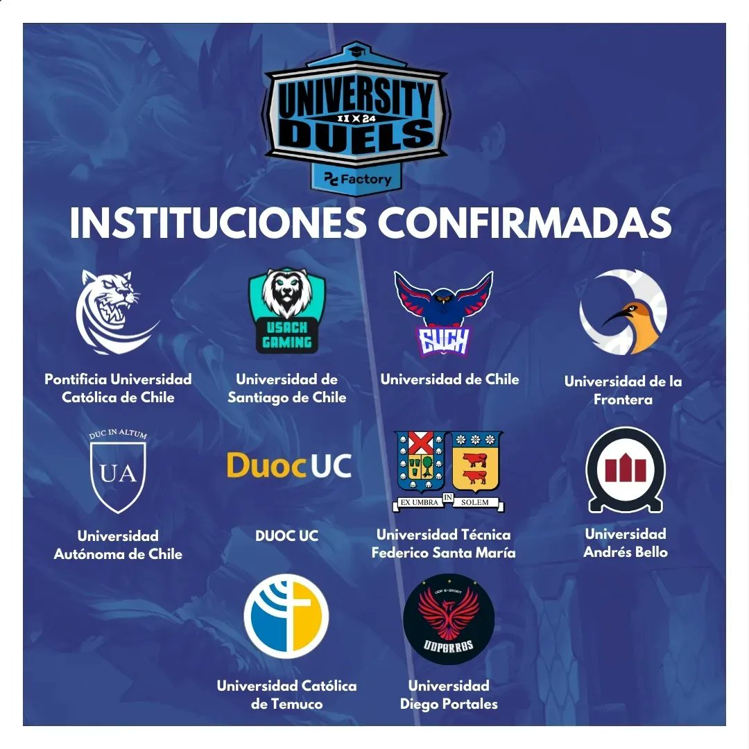 puc_esports's tweet photo. Bienvenid@s a University Duels 2024 🔥

No hay primera sin segunda, por lo que nos alegra anunciar la segunda versión de University Duels, el torneo universitario organizado por @puc_esports con el auspicio de @PCFactoryCL 🎮

Tienes hasta el 8 de mayo para inscribirte! https://t.co/Mi8fttYP1z