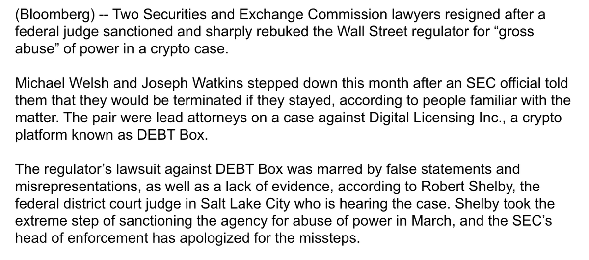 Two SEC lawyers just resigned after a judge sanctioned them for gross abuse of power in a crypto case. The SEC's lawsuit was 'marred by false statements and misrepresentations, as well as a lack of evidence.' Gary G hanging on by a thread these days.