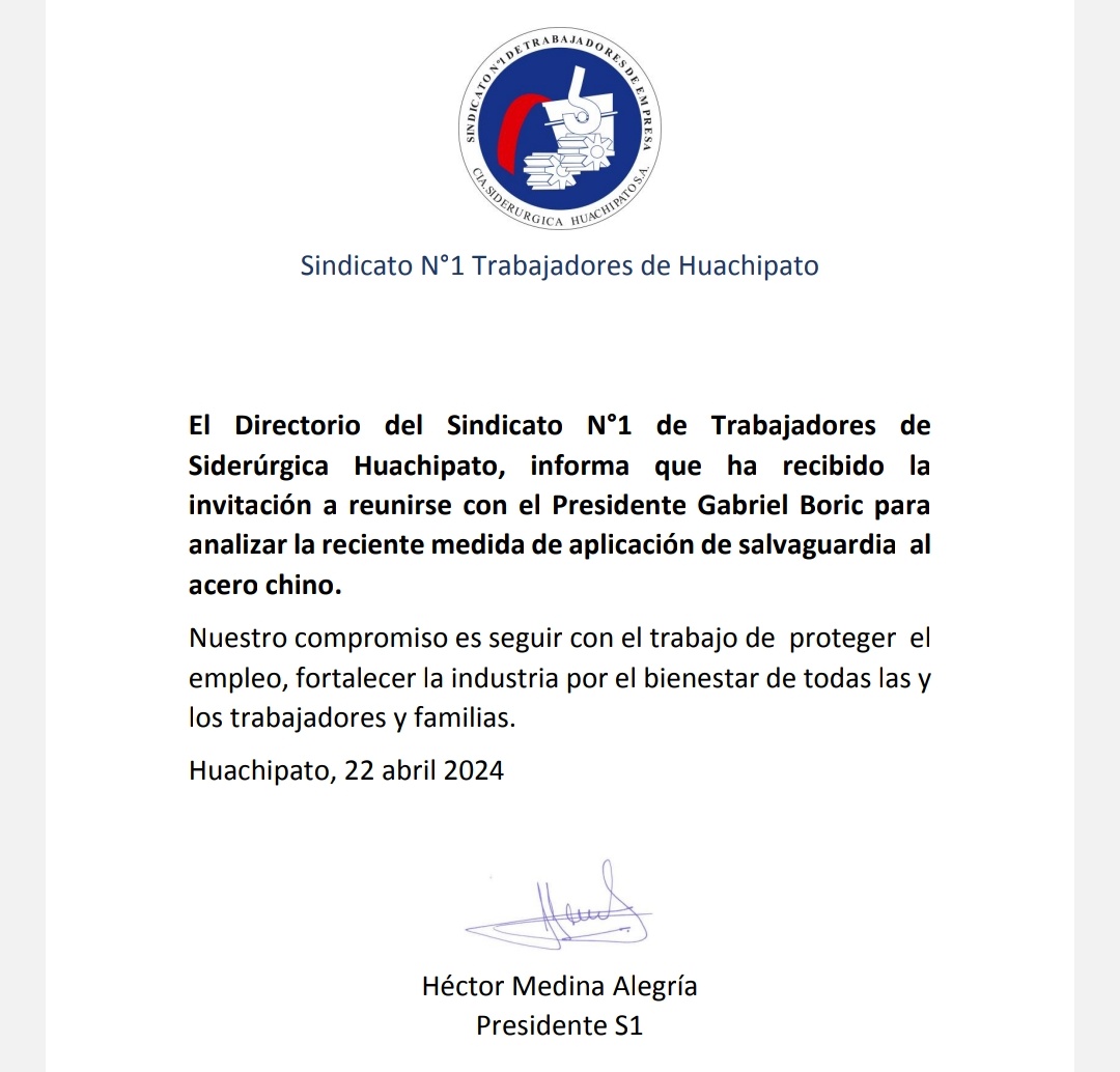 Este martes 23 de abril, a las 12:45 horas, el Presidente @GabrielBoric se reunirá en La Moneda con representantes de los trabajadores y trabajadoras de la Siderúrgica Huachipato.