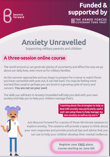 RAFCommunity's tweet image. Bounce Forward - Anxiety Unravelled course for military parents and carers.

Will be running  a series of  Anxiety Unravelled course for military parents and carers. 

Places are FREE of charge.  Register here 👇
ow.ly/Arkm50RlsGW