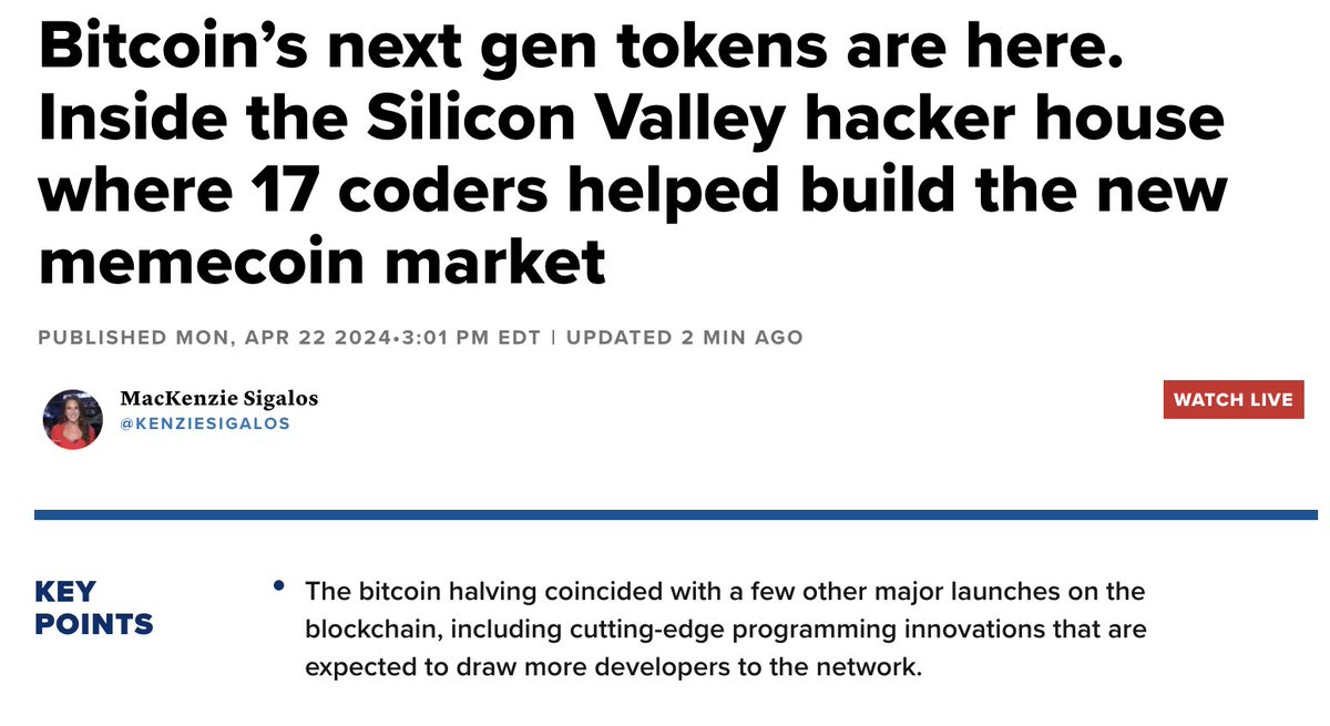 The #Bitcoin📷 halving was about more than a cut to future supply ... @rodarmor also unveiled Runes, his latest creation which is basically a more efficient version of BRC-20 tokens. This is a massive deal for Bitcoin, the monetary network: cnb.cx/4aIrQZR