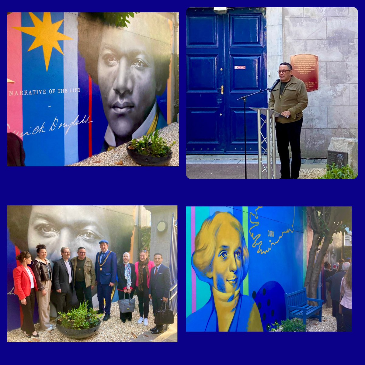 An honour to represent <a href="/UCC/">UCC Ireland</a> <a href="/UCC_REN_Staff/">UCC Race Equality Network</a> with Co-Chair <a href="/KhabbarSanaa/">Sanaa Khabbar, PhD سناء خبار</a> at the <a href="/zabouartist/">ZABOU</a> mural unveiling of Frederick Douglass at Unitarian Church #Cork. Great to see my friend @kmorrisjr &amp; the <a href="/DouglassWeek24/">DouglassWeek</a> team. We have much to learn from Douglass in today’s modern Ireland.
