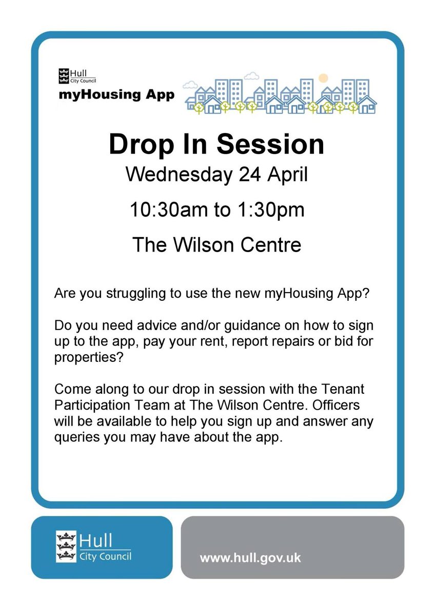 Don't forget! If you need support in signing up or using the myHousing App, @HCCTPT TP Officers are running a drop in session at The Wilson Centre tomorrow (Wednesday 24 April) between 10:30am and 1:30pm @Hullccnews @tpasengland @TPASGill