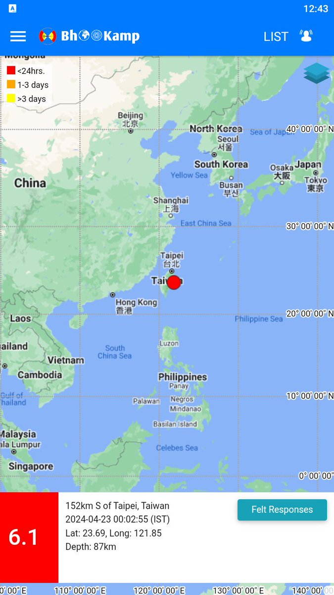 Earthquake of Magnitude:6.1, Occurred on 23-04-2024, 00:02:55 IST, Lat: 23.69 & Long: 121.85, Depth: 87 Km ,Region: Taiwan for more information Download the BhooKamp App riseq.seismo.gov.in/riseq/Interact… @KirenRijiju @Ravi_MoES @Dr_Mishra1966 @ndmaindia @Indiametdept