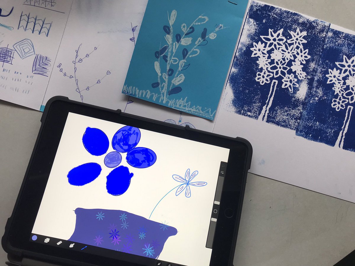 Year3 are currently learning about the work of Anna Atkins. We have created mono prints, drawings, relief prints and are now using @Procreate to produce digital sketches. We’re limiting our colour palette to different types of blue which links to her use of #cyanotypes #iPadart