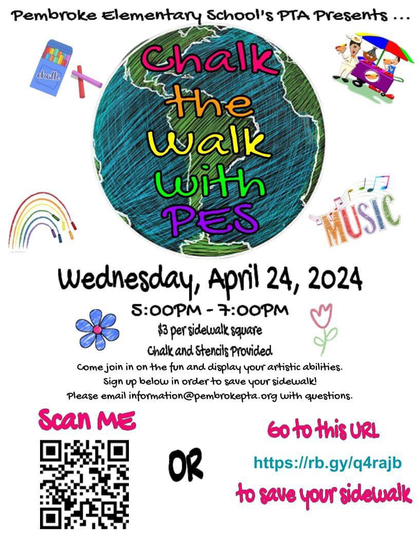 Get ready to splash some color and creativity onto our sidewalks! Pembroke PTA is thrilled to invite you to our much-anticipated 'Chalk the Walk' event, happening on Wed, 4/24, from 5-7PM. Just $3/sidewalk square. Purchase here: pembrokees.memberhub.com/store/items/10…