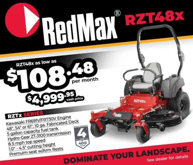 xeniatoolrental's tweet image. Unbeatable value! Get the RedMax® RZTx Zero-Turn from Xenia Tool Rental and Sales in Xenia! It’s fast, features Kawasaki Engines, deck sizes up to 61 inches, plus a premium seat. See Joe and Jeff for payments as low as $108.48/month! #joyofmowing #redmax #ridingmowersales