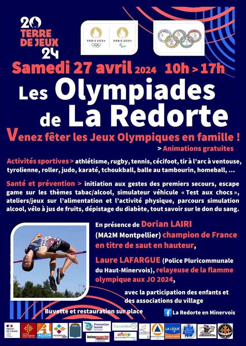 EnRedorte's tweet photo. LES OLYMPIADES DE LA REDORTE. Samedi 27 avril 2024 10h>17h. Venez fêter les Jeux Olympiques en famille avec les associations, les enfants et @DorianLairi champion de France en titre de saut en hauteur. Animations gratuites autour du sport et de la santé.
#TerreDeJeux2024 https://t.co/LpF6lbeUBv