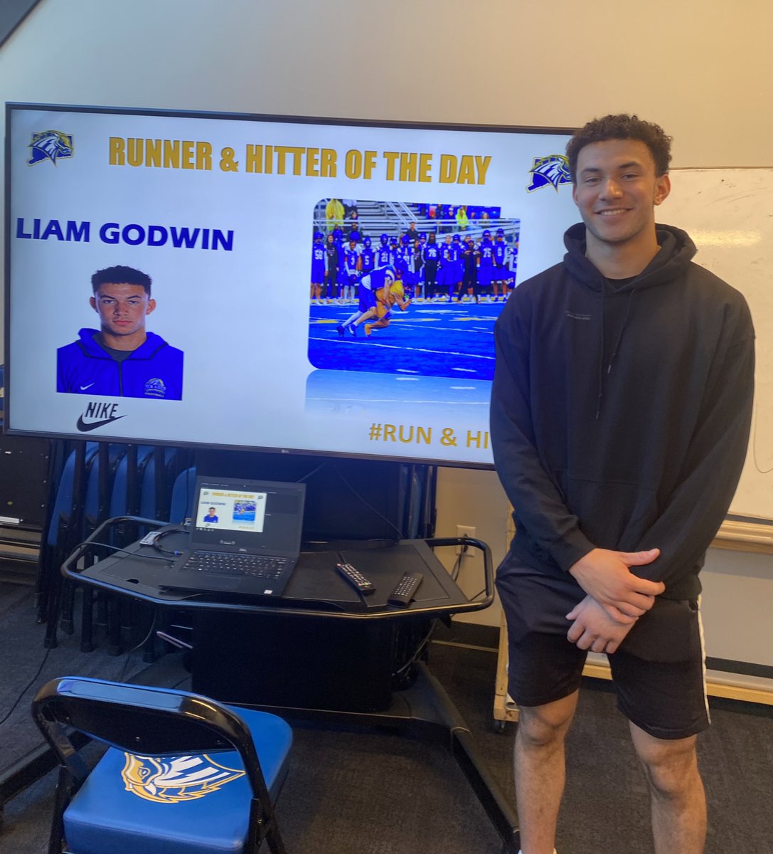 CoachMattScott's tweet photo. Our final Runner and Hitter of the day goes to @liam_godwin15 he had a monster spring game performance 7 solos, 2 PBUs and an INT! #ChargeOn⚡️ https://t.co/5NB1oA7k2R
