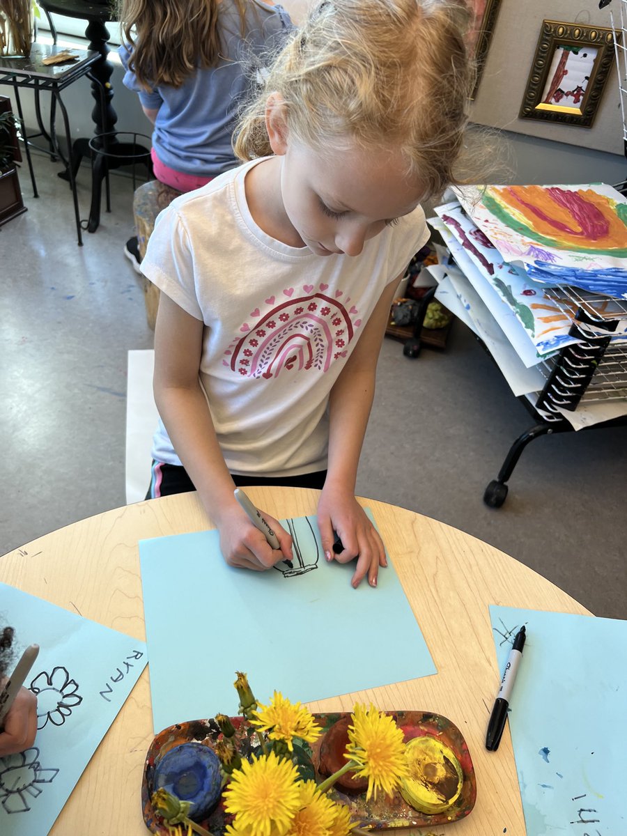 Thank you to Wyatt and Harry for bringing in the dandelions this morning. The boys played together at the park on the weekend. Their collection inspired some beautiful artwork today.