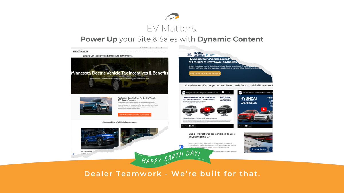 Power up your site & sales this #EarthDay with Dynamic #EV Content! ⚡️🌎  Plug DT's patented tech & and team into your #digitalmarketing mix It's good for the planet & good for biz! We're #BuiltForThat bit.ly/43tJzk0 #MPOP #websites #automotivewebsites #DitchTheSwitch
