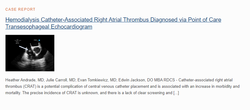 Are you doing TEE? You'll discover some fascinating cases! Check out our latest case report on catheter-related right atrial thrombus, authored by @HeatherJAndrade and @juliehcarroll, featured in @POCUSJournal. @IUMedPeds @IUPCCM @IUMedSchool @IUIntMed ojs.library.queensu.ca/index.php/pocu…