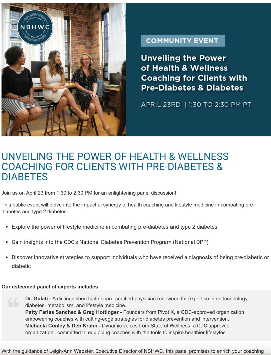 nbhwc.org/calendar/#!eve… Please join us for this educational webinar about how we can utilize #LifestyleMedicine for #DiabetesPrevention #healthcoaching #T2D #prediabetes @LeighannWebster @ACLifeMed