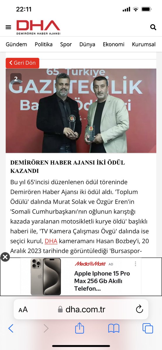 'Türkiye Gazetecilik Başarı Ödülleri' sahiplerine verildi Toplam 33 ödülün verildiği törende Demirören Haber Ajansı'na 2 ödül verilirken Demirören Medya toplam 5 ödüle layık görüldü.