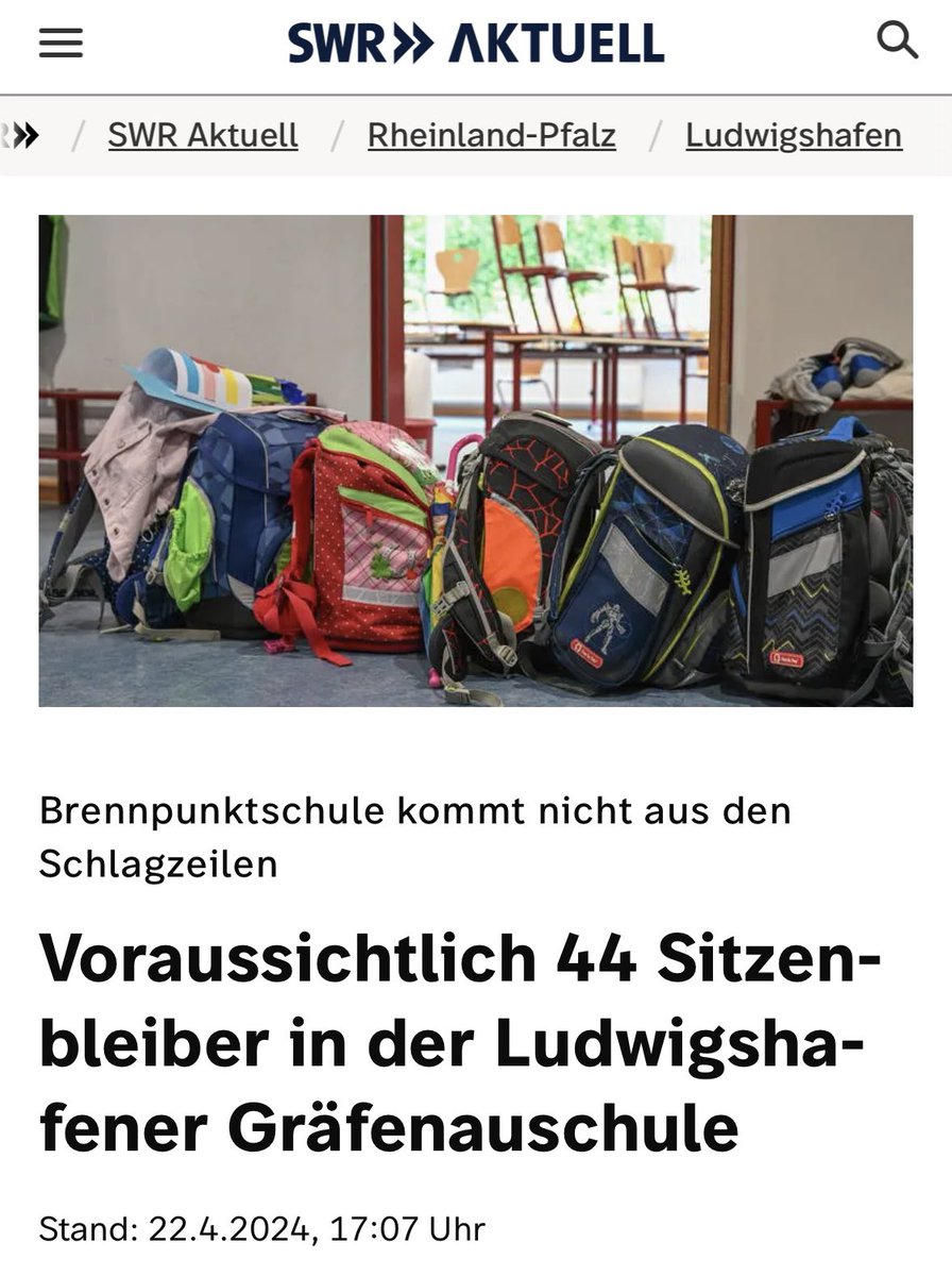 „Die Grundschule Gräfenau in Ludwigshafen hatte vor einem Jahr für Aufsehen gesorgt, weil 39 der 126 Erstklässler das Schuljahr wiederholen mussten. In diesem Jahr sind es noch mehr.“

🤡🤡🤡🤡

Wie ein Land sich ohne Not mit dieser Art der Migration so zugrunde richten kann,