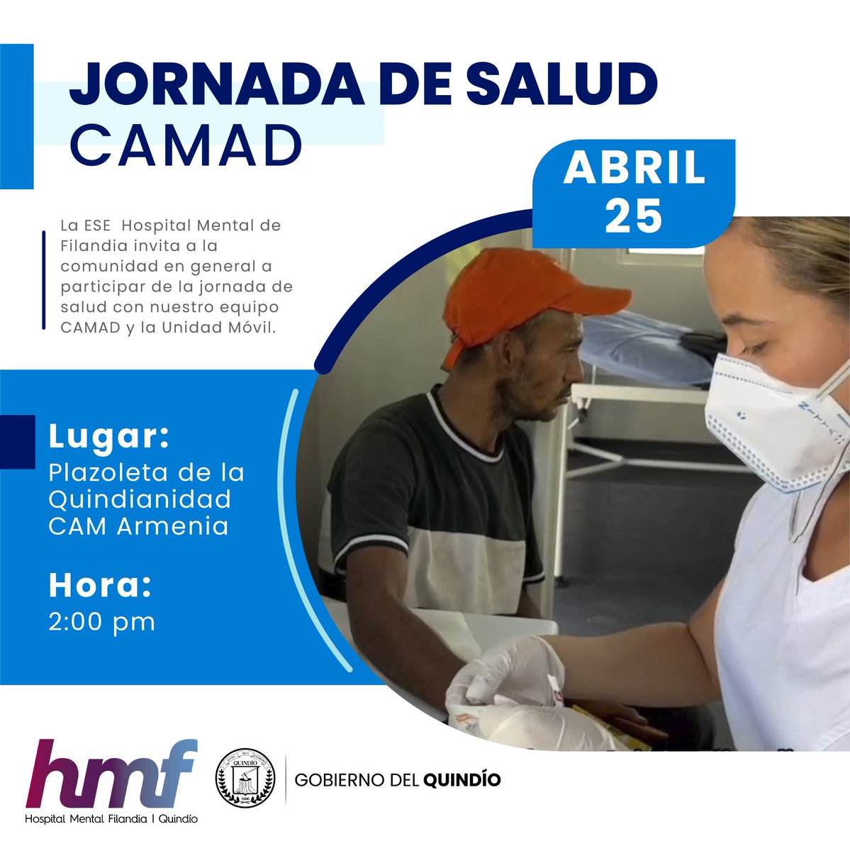 HOSPITALMENTALF's tweet photo. ¡Únete este 25 de abril a la jornada de salud con el Centro de Atención Móvil al Drogodependiente CAMAD! https://t.co/WmC39JyBDU