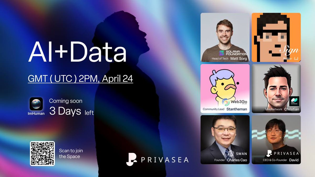 Day 3 of our AMA series takes a deep dive into AI's transformative role in data handling within the crypto space.

🎤Co-host: @OKX_Ventures, @PANewsCN

🎙️ Guests: @solana, @ethsign, @Web3Go, @mindnetwork_xyz, @Swan, @Privasea_ai 

🗓 Date: April 24
⏰ Time: GMT (UTC): 2PM