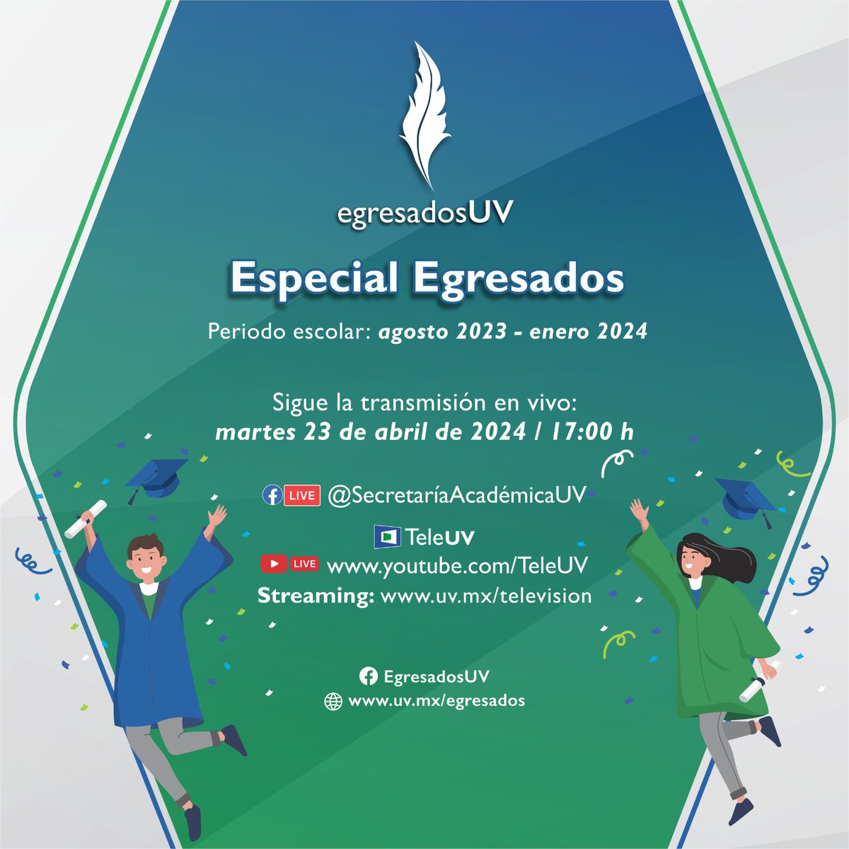 ¡Hoy estamos de fiesta con el especial de #EgresadosUV! 🎓🌟 Es momento de reconocer el trabajo y esfuerzo de las y los estudiantes del periodo escolar agosto 2023-enero 2024. ¡Sigue la transmisión en vivo a partir de las 17:00 h!