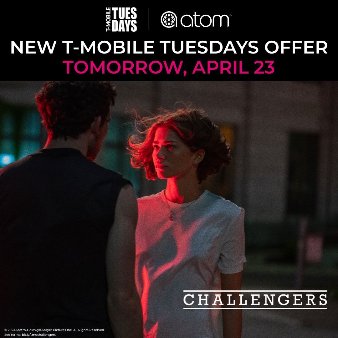 🎾 We’re serving up a new deal tomorrow from @TMobile and #AtomTickets. #TMobileTuesdays. #ChallengersMovie