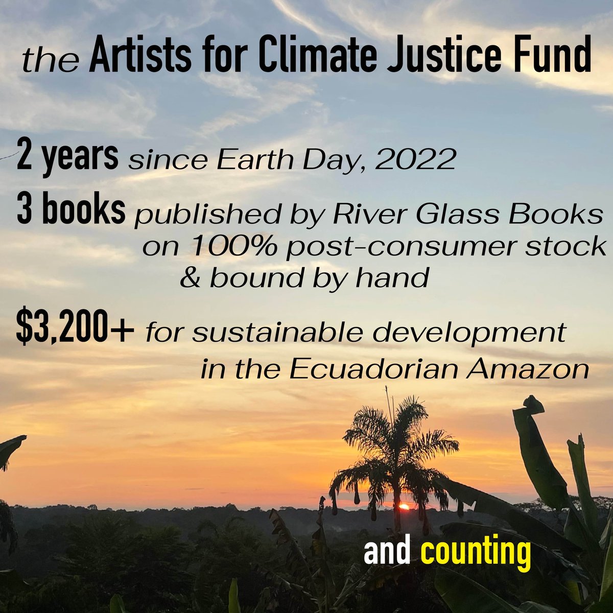 On #EarthDay, 2022, we launched the Artists for Climate Justice Fund to support climate justice solutions through the arts. Since then, we’ve raised $3,200+ for sustainable development in the Ecuadorian Amazon. This is only the beginning.