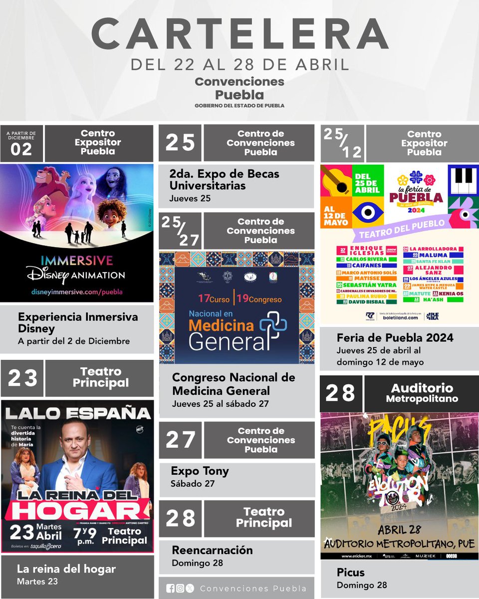 Exposiciones, teatro, conciertos y el inicio de la Feria de Puebla 2024 nos esperan esta semana. ¡Te compartimos nuestros próximos eventos! #ConvencionesPuebla